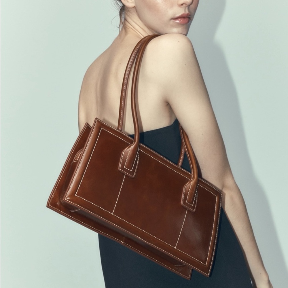 Zara Brown Leather Shoulder Bag with Structured Design
